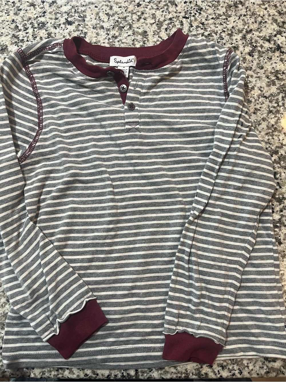 Splendid Gray & White Striped Long-Sleeve Henley with Burgundy Trim